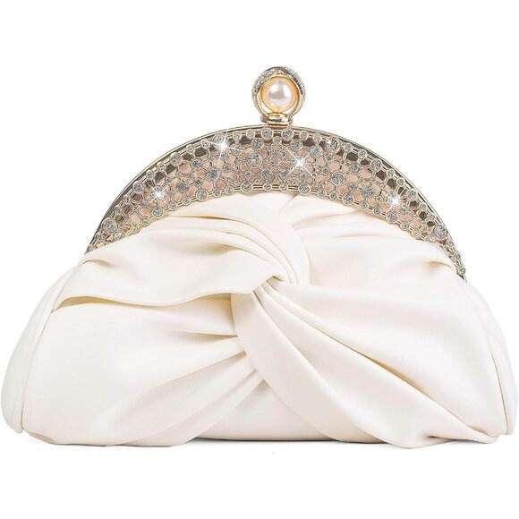 ⚡ Women's Cream Leather Dumpling Pearl Chain Evening Crossbody Clutch Bag - Picture 1 of 6
